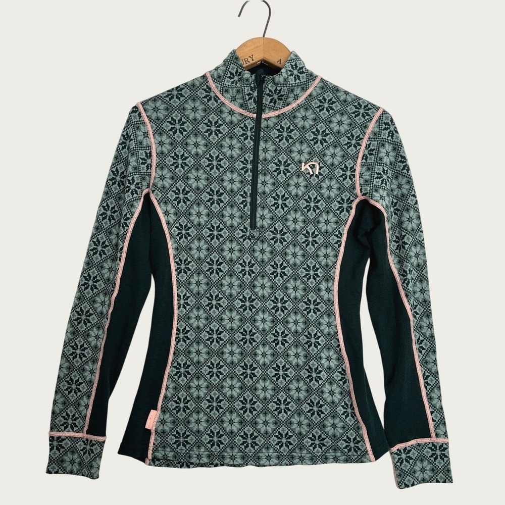 Kari Traa Rose Half-Zip 100% Merino Wool Base Layer Top Green Nordic Women Large